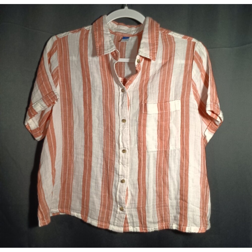 Old Navy Pink Striped Cotton Gauze Boxy Cropped Button Up Shirt Medium